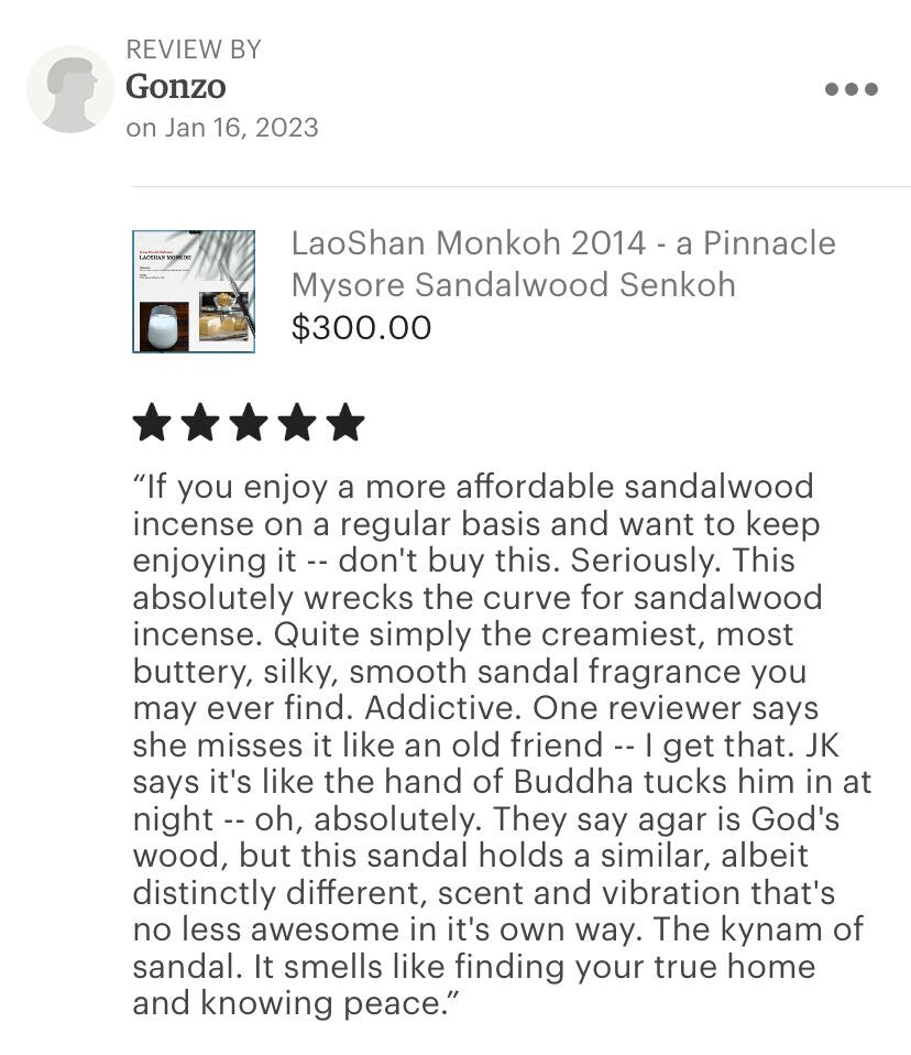 LaoShan Monkoh 2014 - a Pinnacle Mysore Sandalwood Senkoh Incense Sticks - RisingPhoenixPerfumery.com